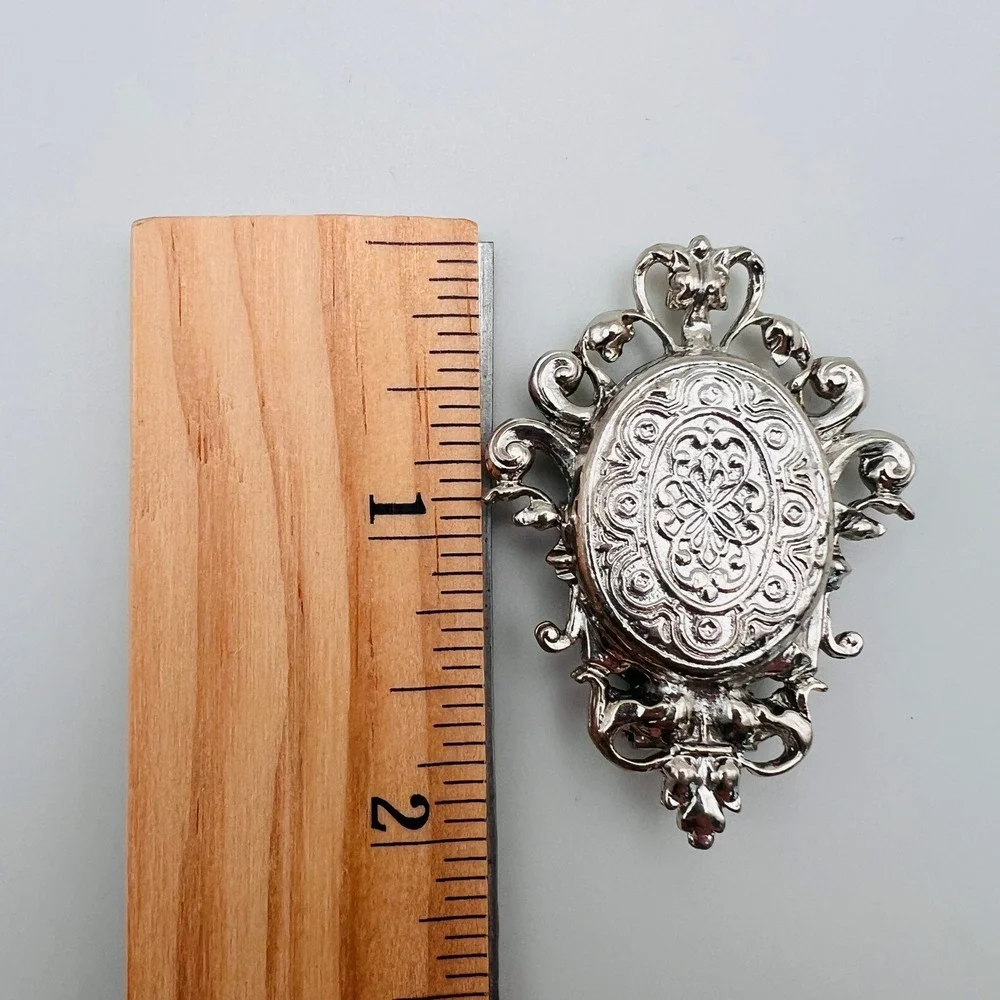 Vintage Ornate Scroll Brooch Scarf Clip Dual Purpose Silver Tone Victorian Style